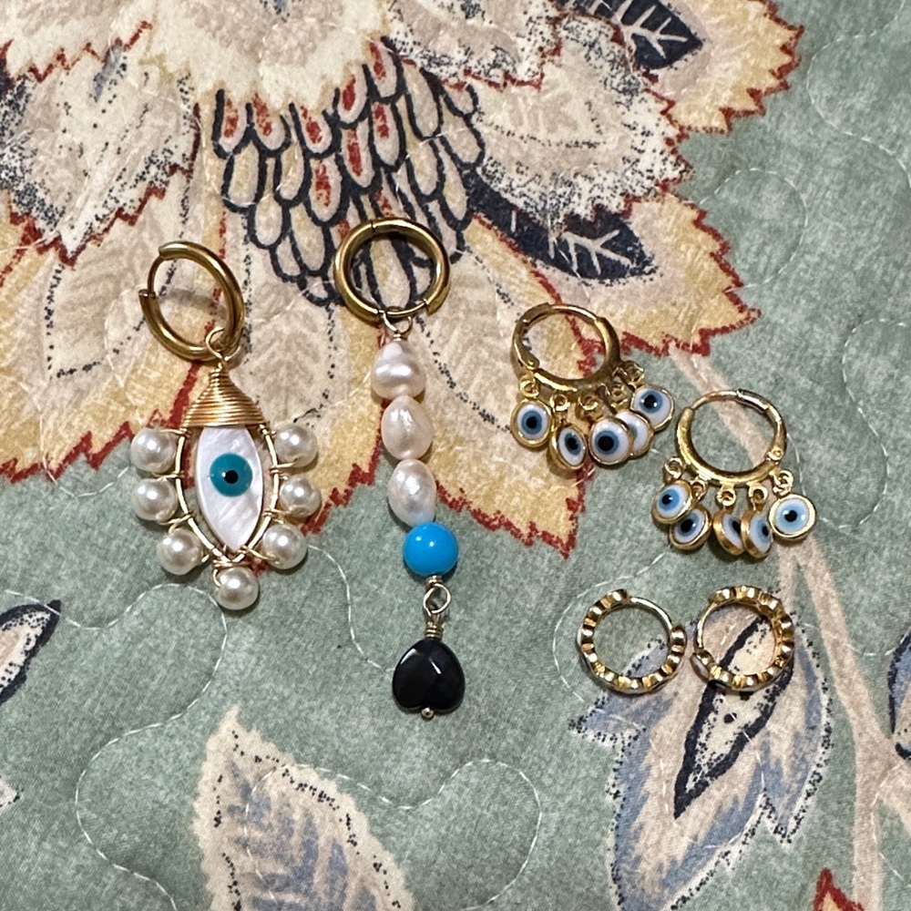 Gold and Blue Evil Eye Charm Earrings